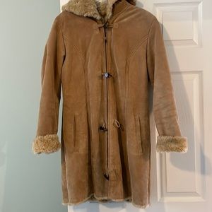 Vintage Wilson’s Leather suede faux shearling lined coat with hood.